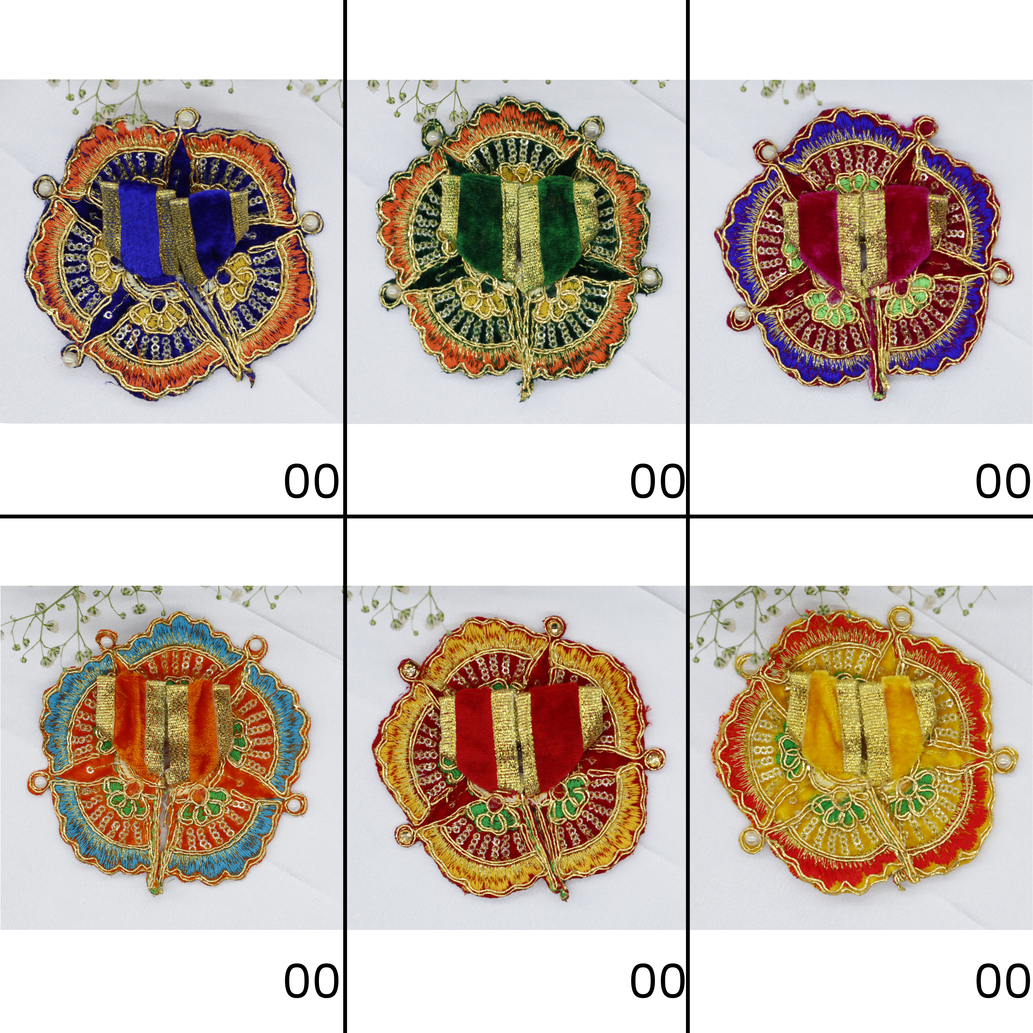 ફૂલ પત્તી ઝરી વર્ક લાડુ ગોપાલ ડ્રેસ - મિક્સ કલર/ ૧૨ (૬ X ૨) નું પેક