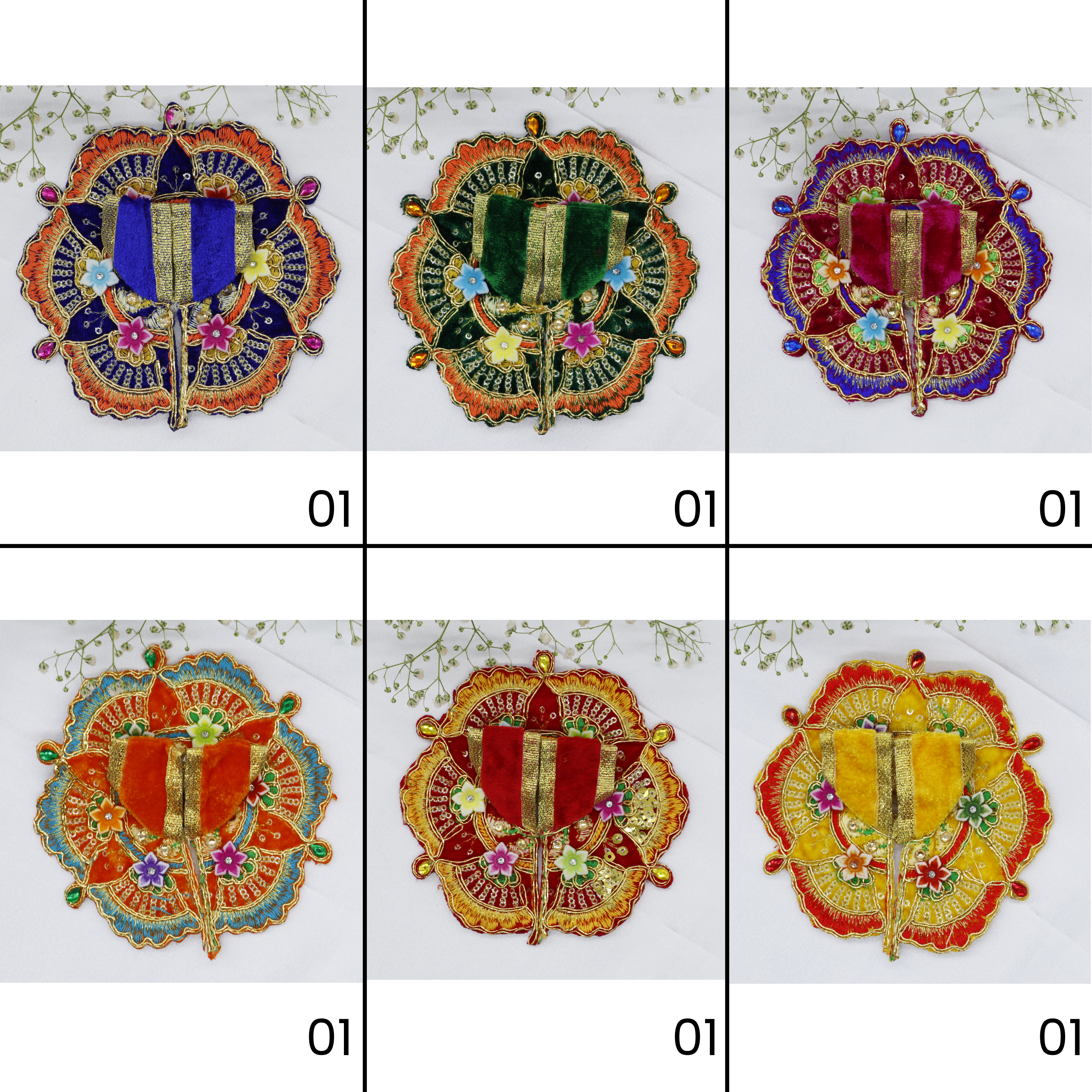 ફૂલ પત્તી ઝરી વર્ક લાડુ ગોપાલ ડ્રેસ - મિક્સ કલર/ ૧૨ (૬ X ૨) નું પેક