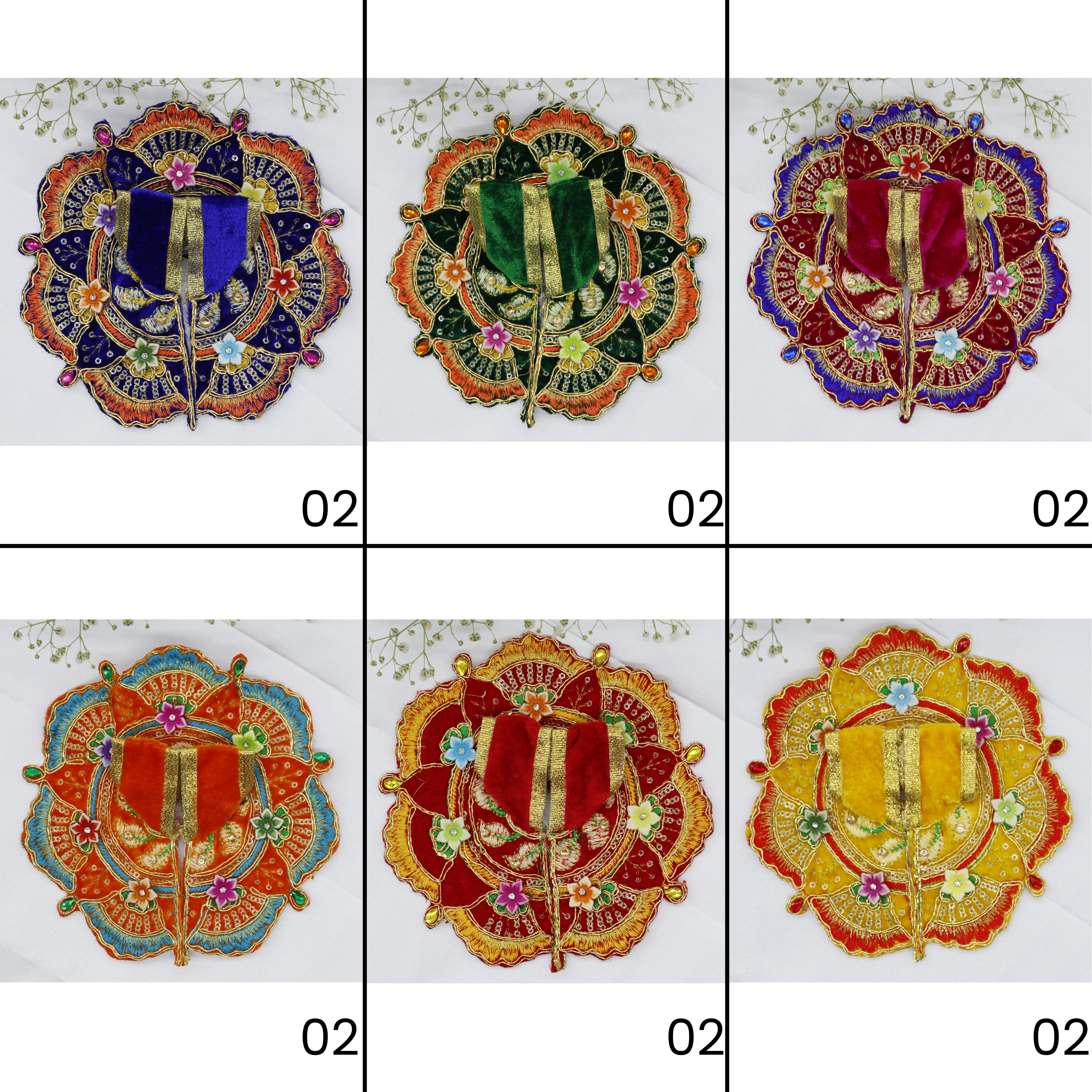 ફૂલ પત્તી ઝરી વર્ક લાડુ ગોપાલ ડ્રેસ - મિક્સ કલર/ ૧૨ (૬ X ૨) નું પેક