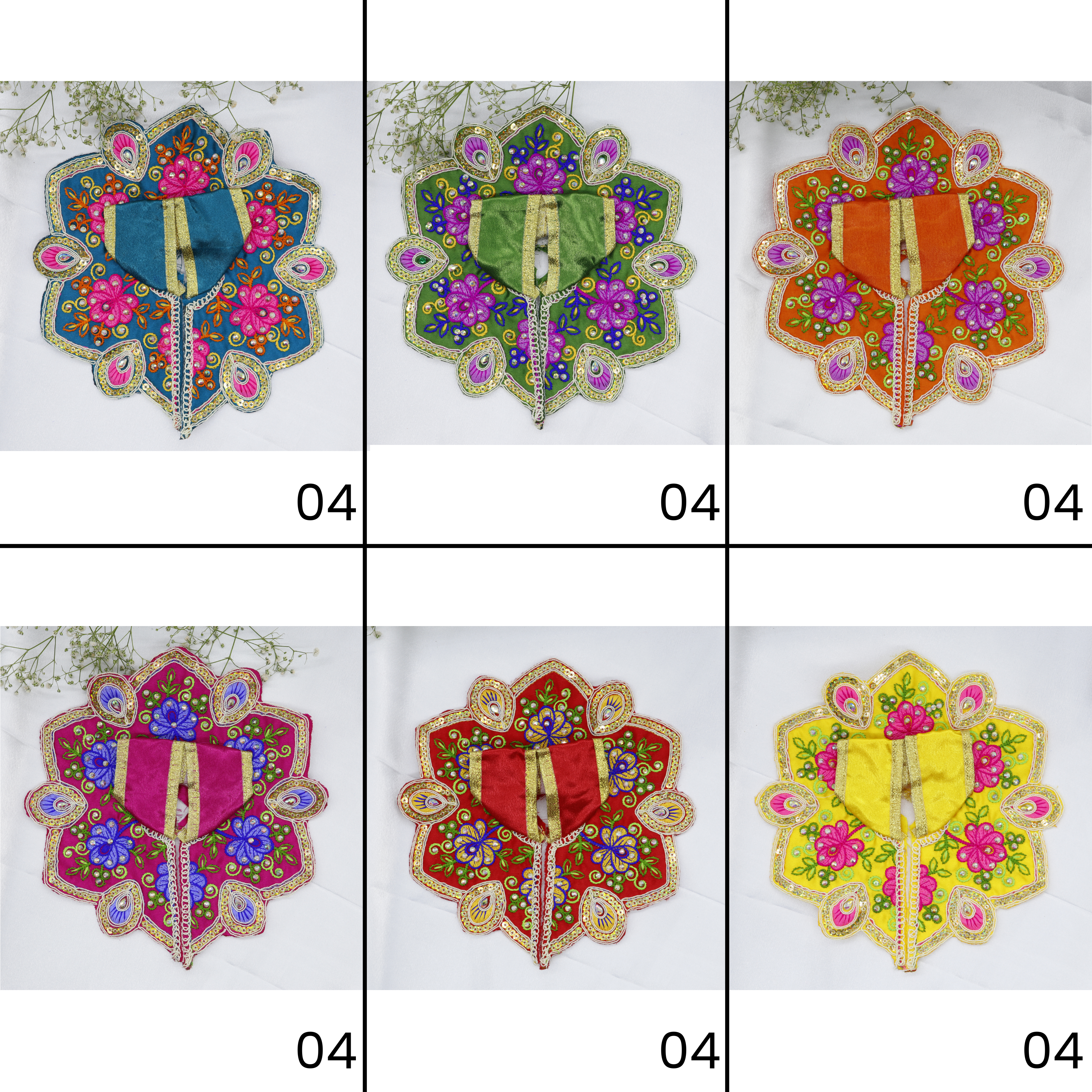 મયુર રંગત ભરતકામ લાડુ ગોપાલ ડ્રેસ - મિક્સ કલર / 6 નું પેક