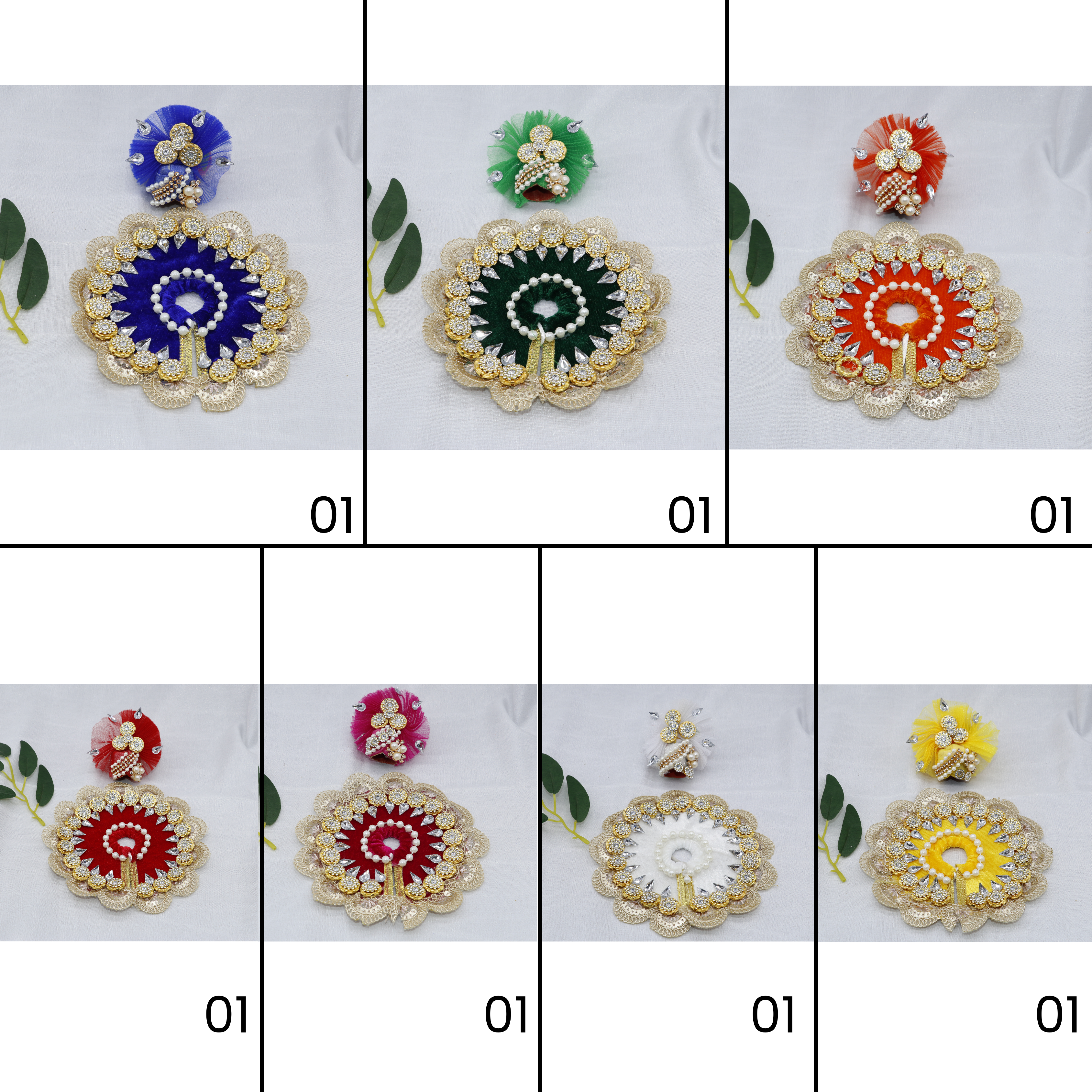 મુકુટ સાથે સ્ટોન વર્ક લાડુ ગોપાલ ડ્રેસ - મિક્સ કલર / 7 નું પેક