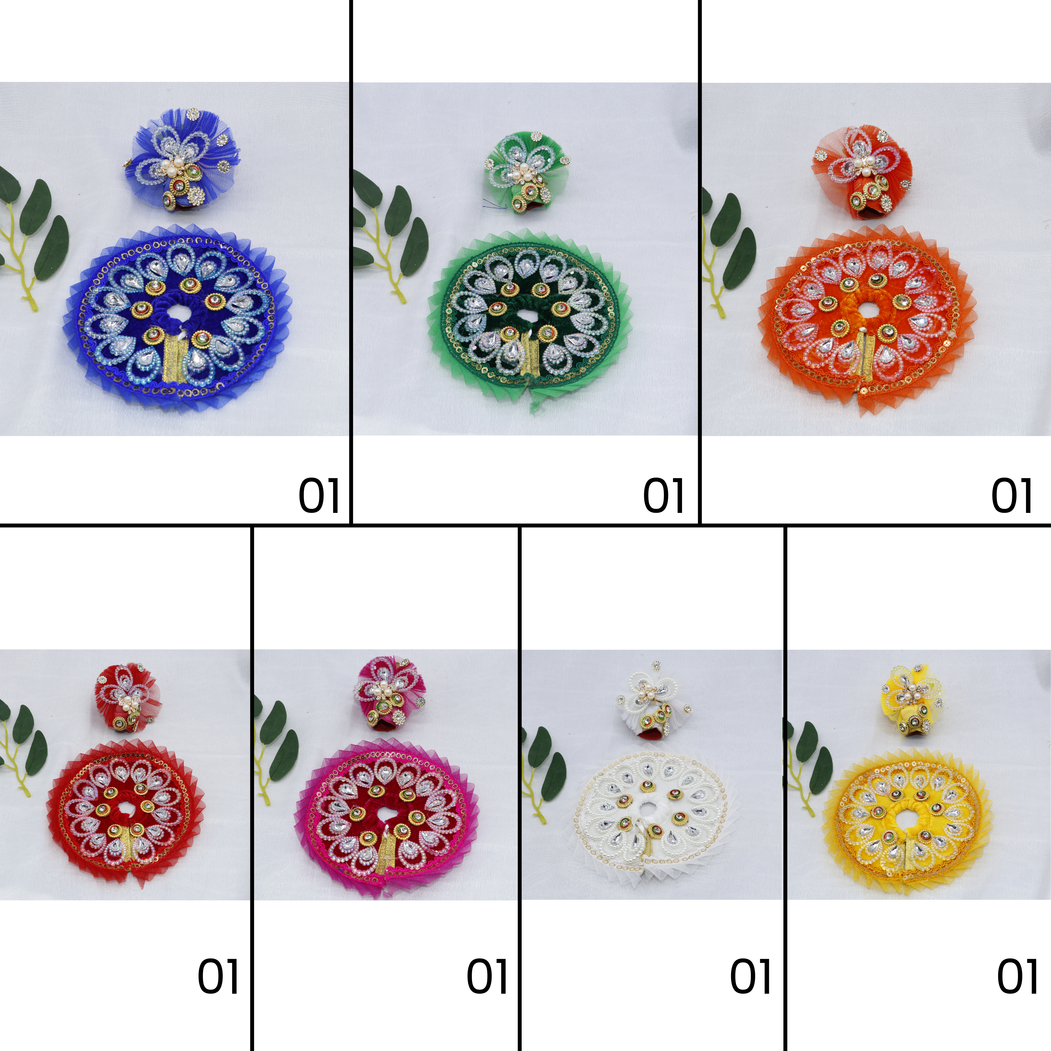 મુકુટ સાથે પંખ શ્રૃંગાર લાડુ ગોપાલ ડ્રેસ - મિક્સ કલર / 7 નો પેક