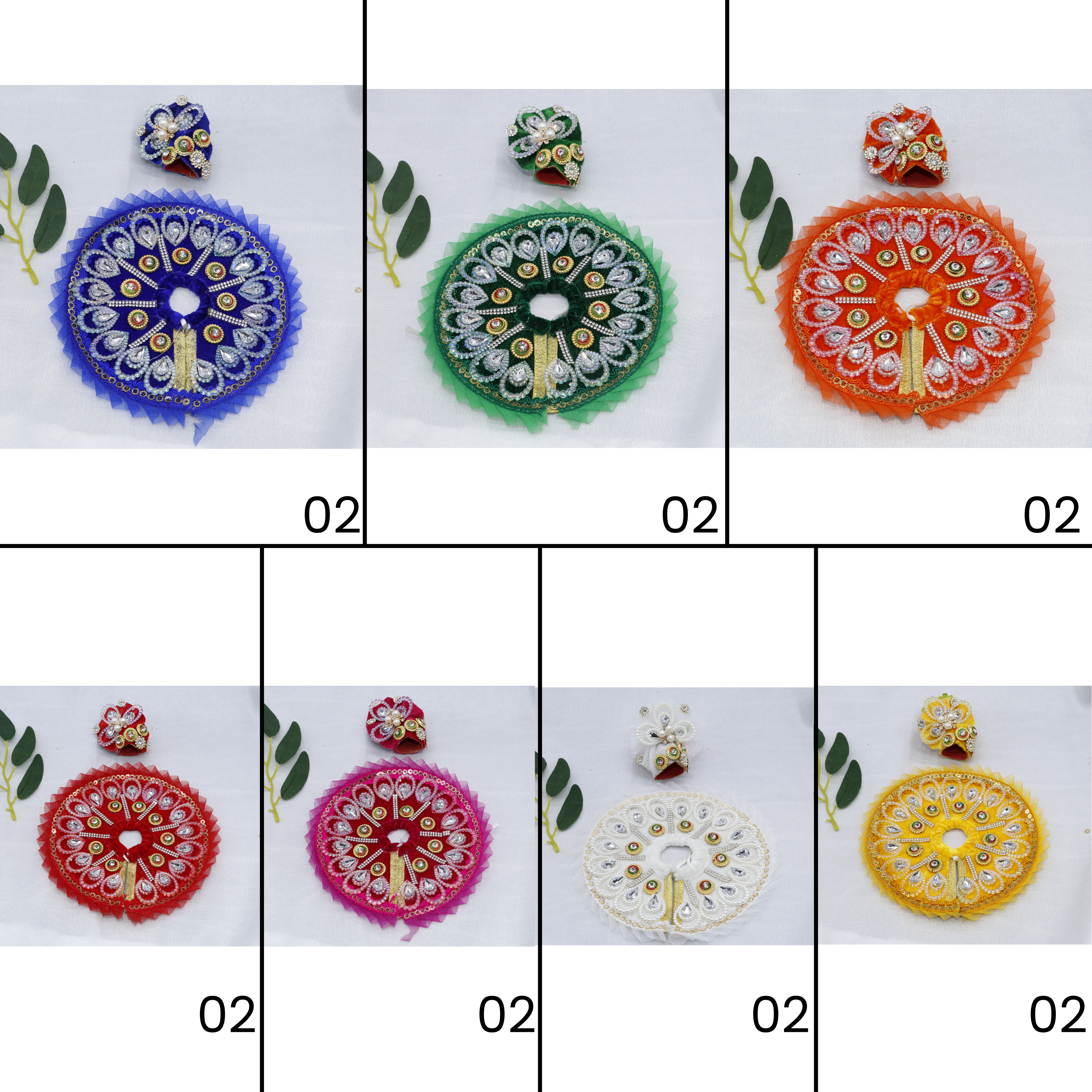 મુકુટ સાથે પંખ શ્રૃંગાર લાડુ ગોપાલ ડ્રેસ - મિક્સ કલર / 7 નો પેક