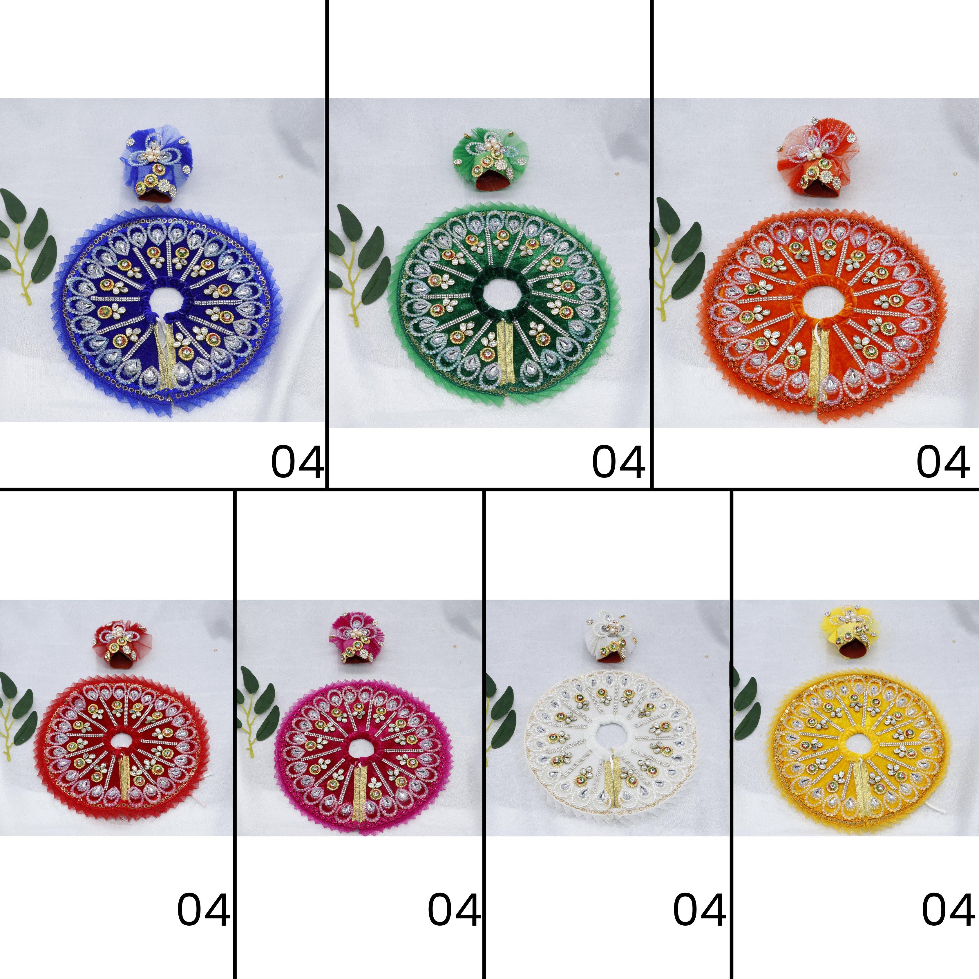 મુકુટ સાથે પંખ શ્રૃંગાર લાડુ ગોપાલ ડ્રેસ - મિક્સ કલર / 7 નો પેક