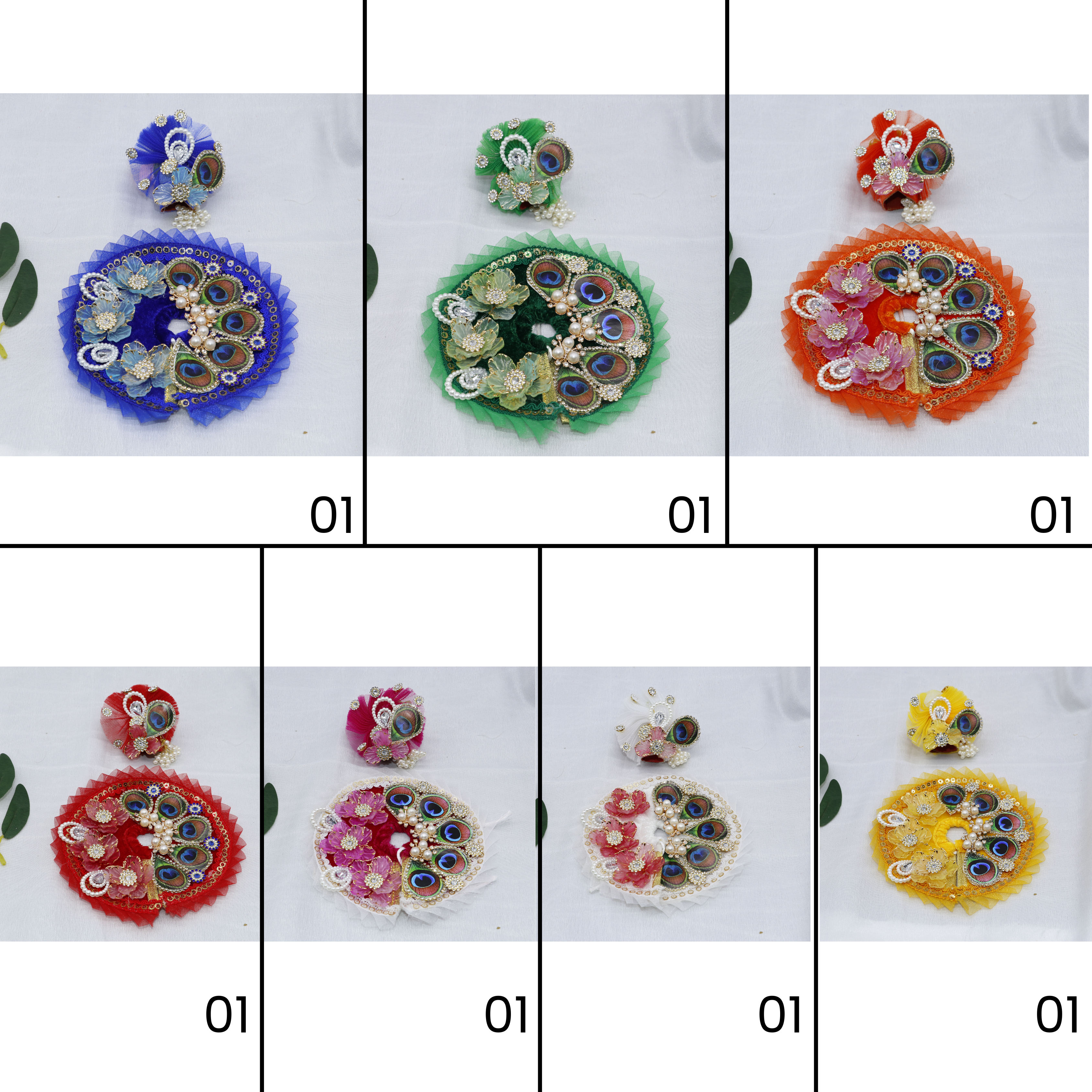 મુકુટ સાથે પંખ મંડળ લાડુ ગોપાલ ડ્રેસ - મિક્સ કલર / 7 નો પેક