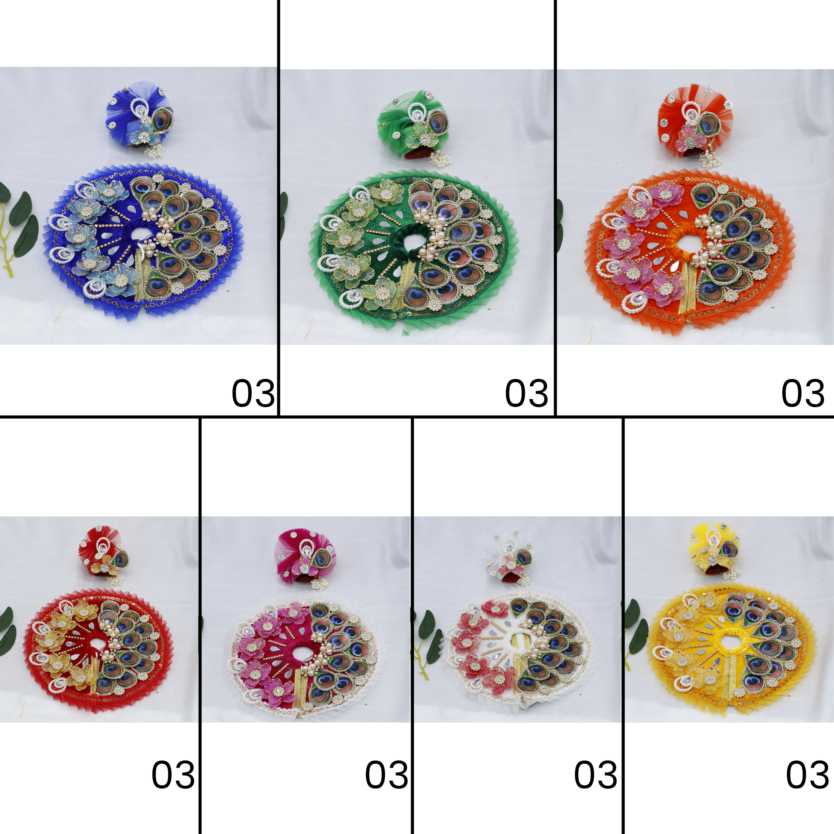 મુકુટ સાથે પંખ મંડળ લાડુ ગોપાલ ડ્રેસ - મિક્સ કલર / 7 નો પેક