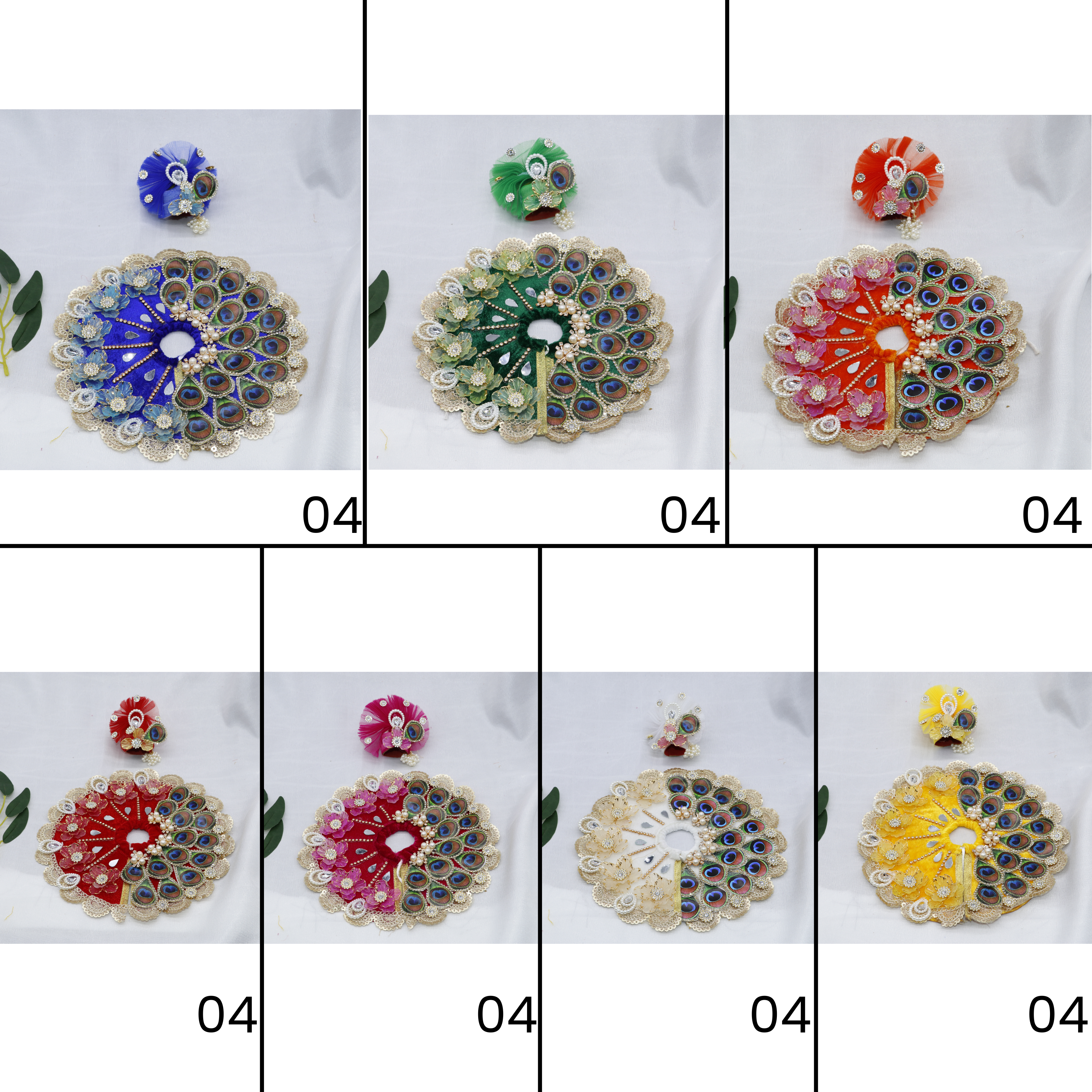 મુકુટ સાથે પંખ મંડળ લાડુ ગોપાલ ડ્રેસ - મિક્સ કલર / 7 નો પેક